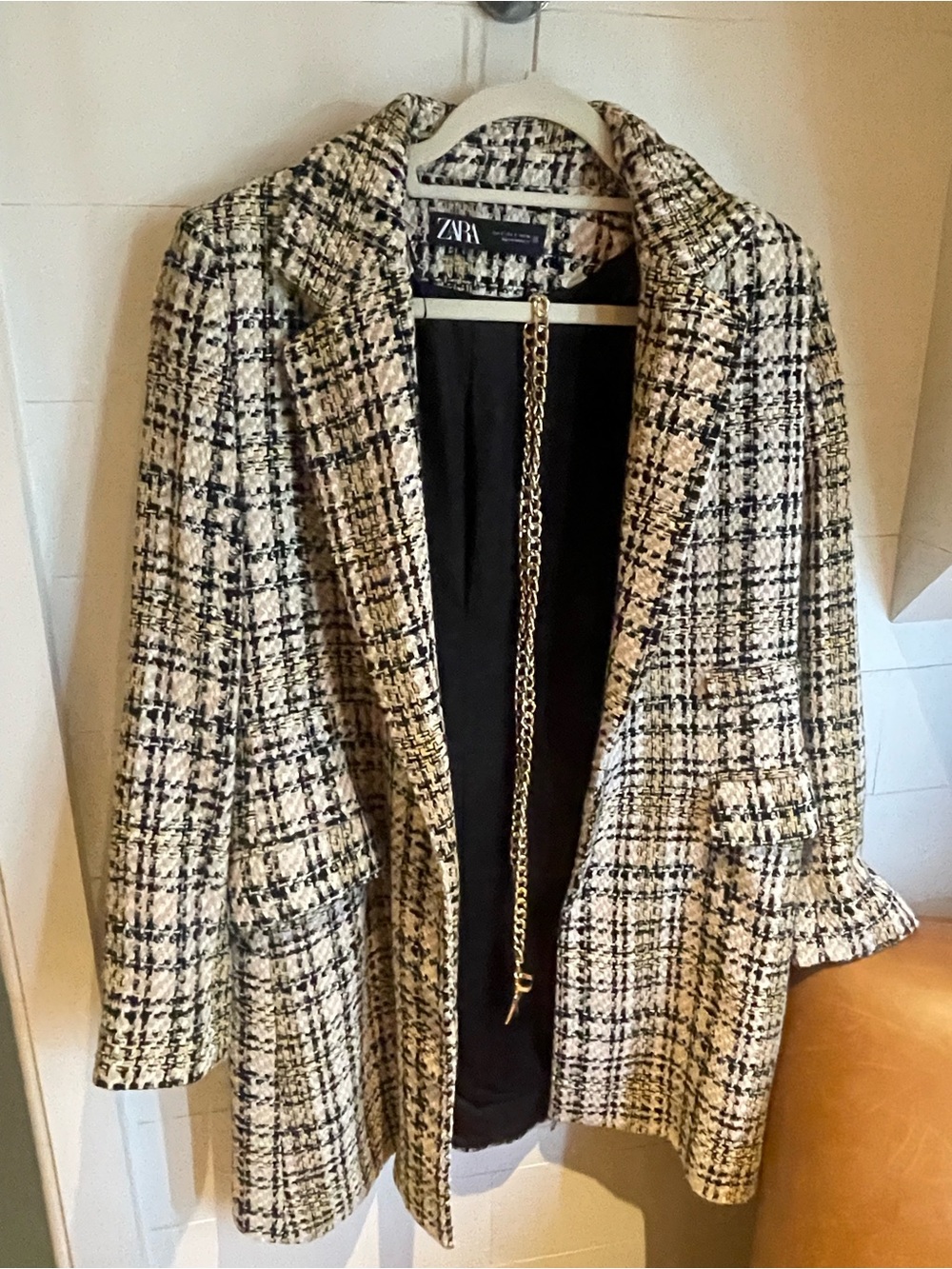 Zara Women's Black & Cream Tweed Coat